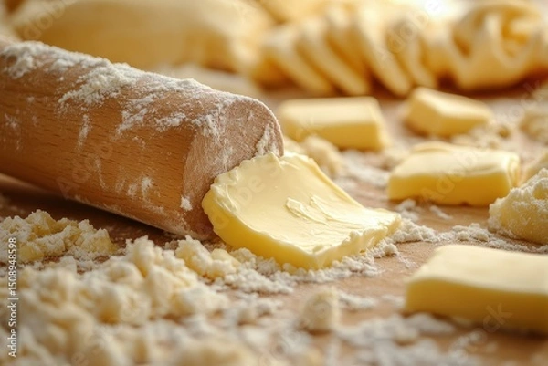 Obraz Rolling Pin with Butter on Flour Dusty Kitchen Countertop Surface