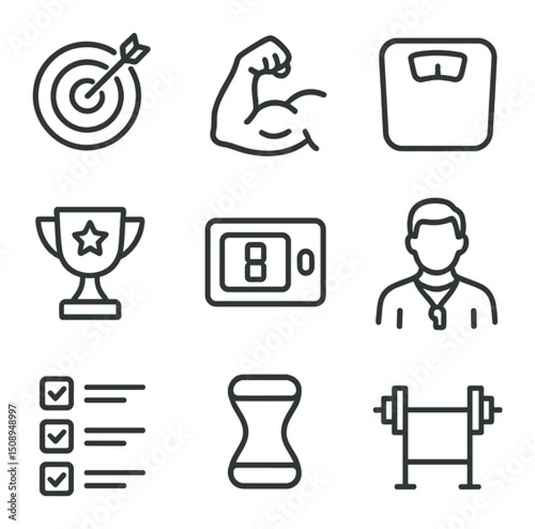 Fototapeta Fitness Goal Icons. Outline icon set of goal-driven workouts: goal target, muscle flex arm, weight