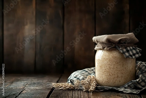 Obraz Rustic Glass Jar with Natural Fermented Dough on Wooden Table