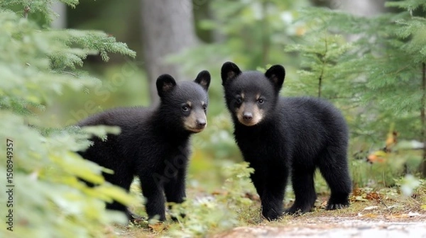 Obraz Curious black bear cubs in the woods