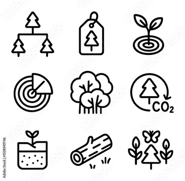 Fototapeta Forest Ecology Icons. Outline icon set of forest ecology studies: tree diagram, species ID tag,