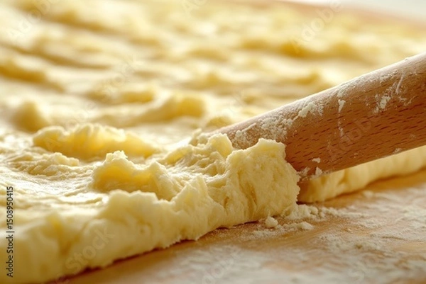 Obraz Smooth Dough Rolled Out on a Wooden Surface with a Rolling Pin