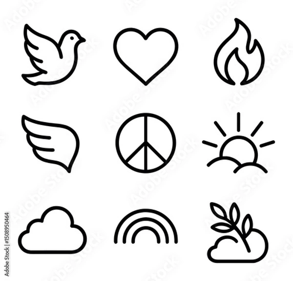 Fototapeta Heart and Dove Icons. Outline icon set of heart with dove and flame: dove silhouette, heart shape, flame plume, olive twig, wing