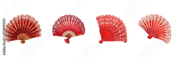 Obraz Red Lace Hand Fans Collection. Elegant Decorative Accessories Set Isolated On Transparent Background