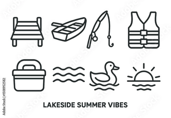 Obraz Lakeside summer adventure: boating, fishing, and relaxation icons