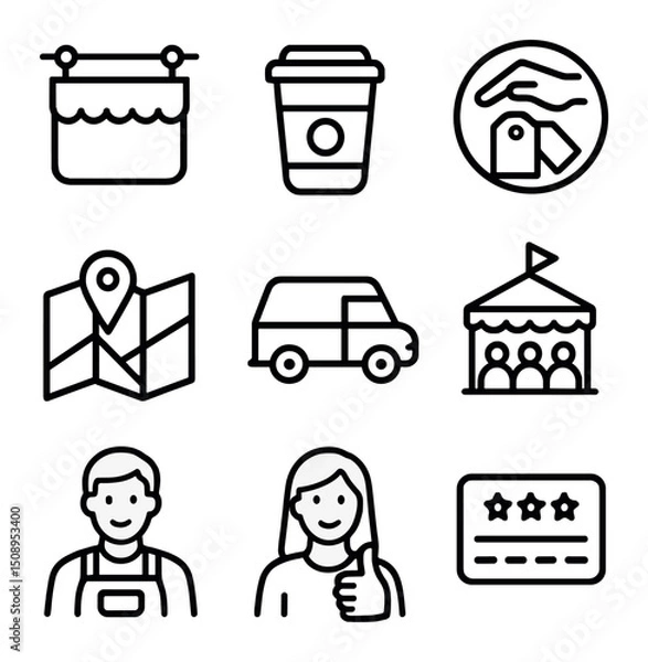 Fototapeta Local Shops Icon Set. Outline icon set of thriving local shops: boutique sign, coffee shop cup,