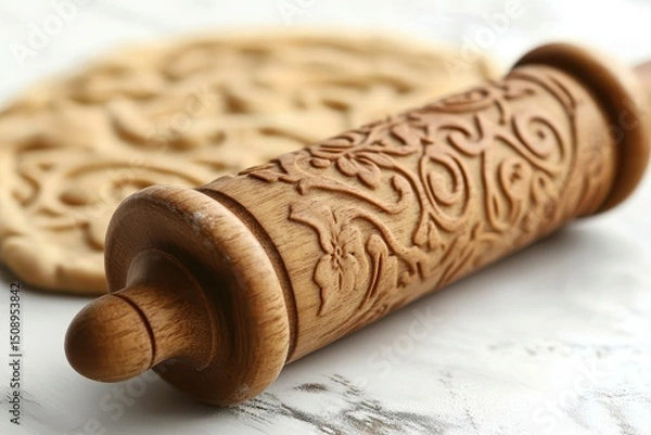 Obraz Wooden Rolling Pin with Intricate Design and Dough Pattern Background