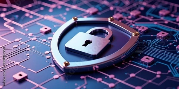 Obraz Metallic shield with a padlock on a circuit board signifies robust cybersecurity, data protection, and secure electronic network privacy