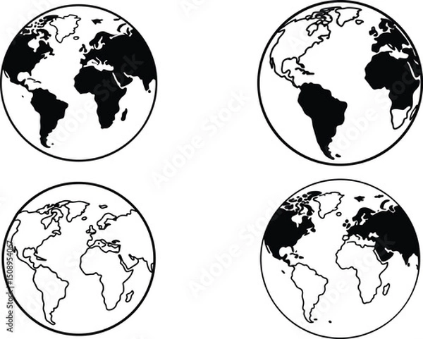 Fototapeta Black and White World Map Clipart – Globe Silhouette Bundle for Print and Design Projects