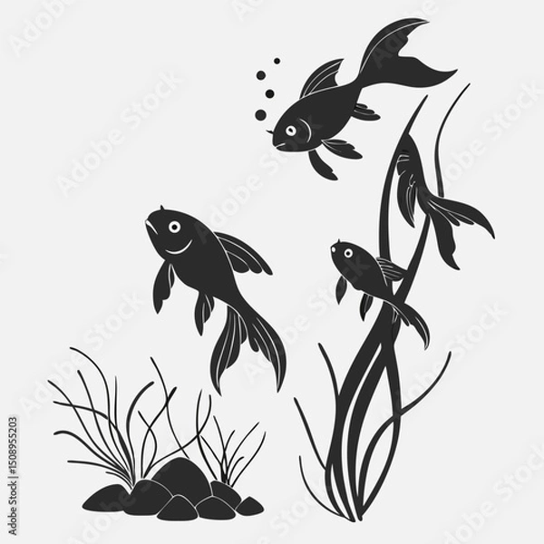 Obraz Black silhouette of goldfish with algae and bubbles minimalist underwater scene
