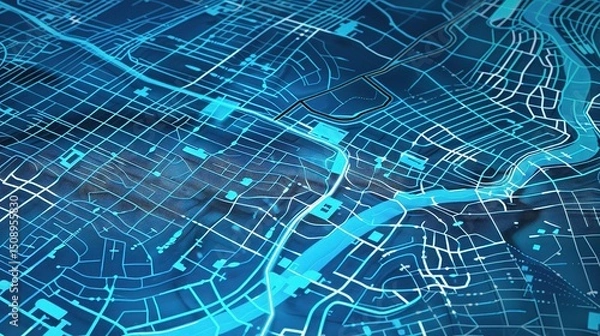 Fototapeta  Abstract blue digital city map background with glowing lines and streets, top view. Modern urban technology concept for travel or business plan design.