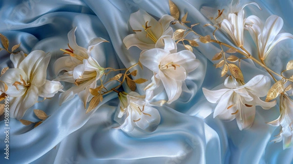 Obraz A close-up of elegant white lilies with golden leaves on soft blue silk, showcasing intricate details and textures, illuminated by soft lighting for a luxurious feel.