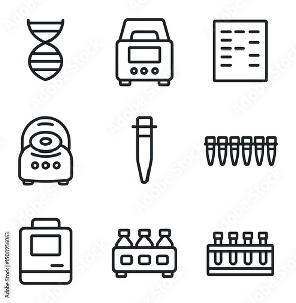 Obraz Molecular Biology Icon Set. Outline icon set of molecular biology workflow: DNA double helix, PCR thermocycler, electrophoresis