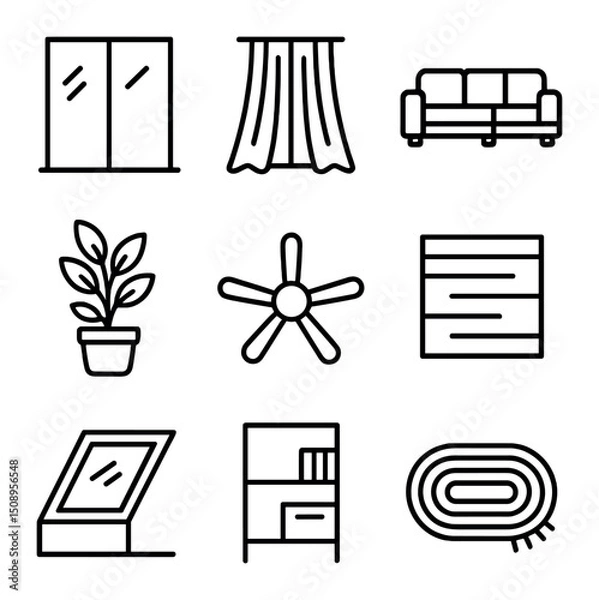 Fototapeta Open Living Space Icons. Outline icon set of open living space elements: floor-to-ceiling window,