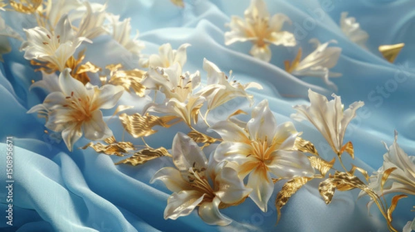 Obraz A close-up of elegant white lilies with golden leaves on soft blue silk, showcasing intricate details and textures, illuminated by soft lighting for a luxurious feel.