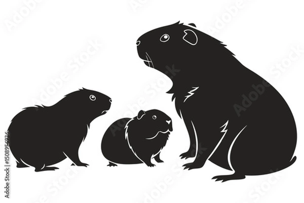 Obraz Black silhouette vector illustration of three guinea pigs isolated on white background