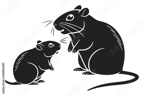Obraz Black silhouette vector illustration of two mice isolated on white background
