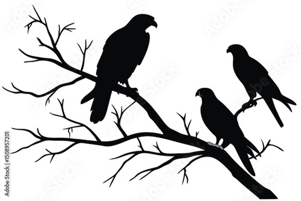 Obraz Black silhouetted birds of prey perched on bare tree branches illustration