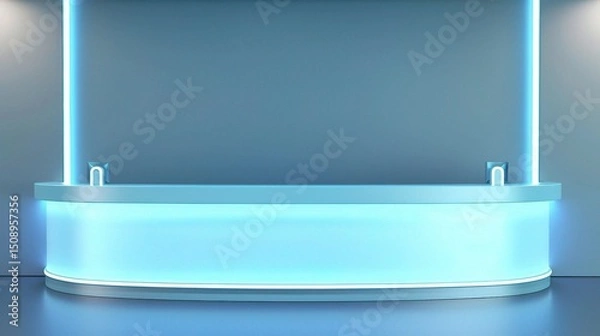 Fototapeta A white and blue reception desk with neon lights, a simple background, light colors.