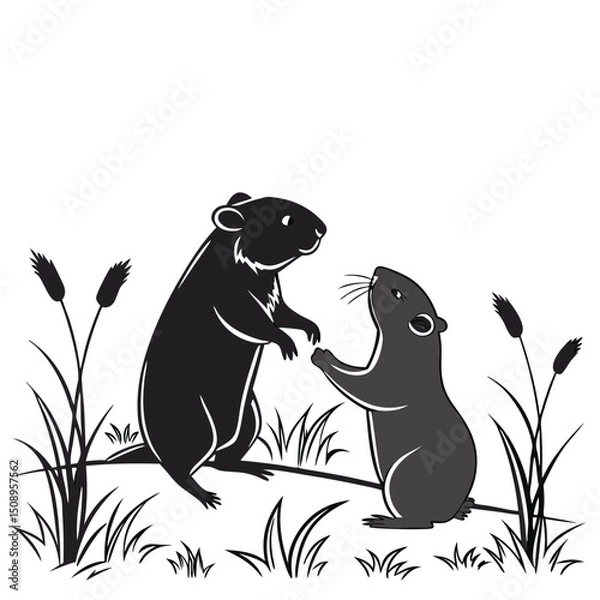 Obraz Cartoon gophers interacting in a grassy field vector illustration graphic resource