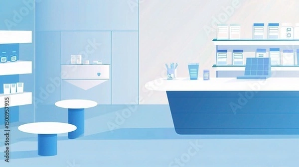 Fototapeta  A simple vector illustration of the interior design of an innovative pharmacy counte, featuring shelves displaying medical supplies and two small round tables for customers to sit .