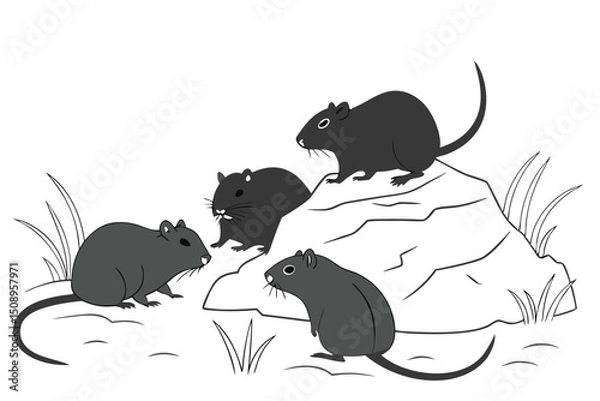 Obraz Cartoon illustration of four cute gray gerbils on rocks and grass