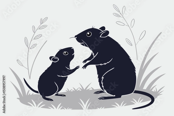 Obraz Cartoon rats family illustration with plants in minimalist style on neutral background