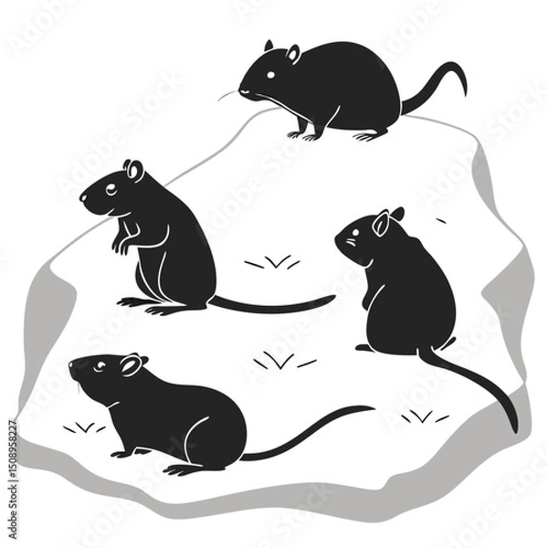 Fototapeta Cartoon rats grouped on a hill black and white vector illustration