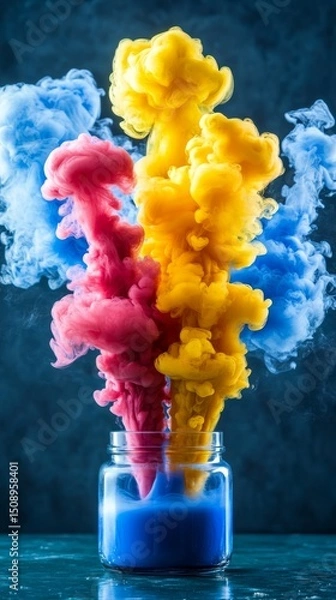 Fototapeta Vibrant CMYK Ink Clouds Exploding in Glass Jar Abstract Color Swirl Design