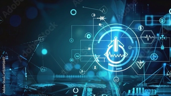 Fototapeta Abstract digital background with medical technology symbols and iconography, it used for themes like modern healthcare, wellness management tech products.