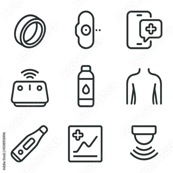 Fototapeta Remote Health Monitoring Icons. Outline icon set of remote health monitoring: smart ring, biosensor