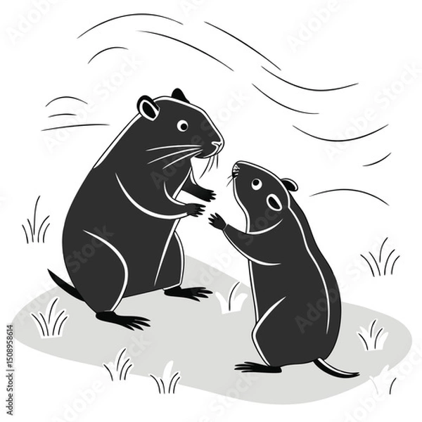 Obraz Cartoon vector illustration of two cute beavers interacting in nature