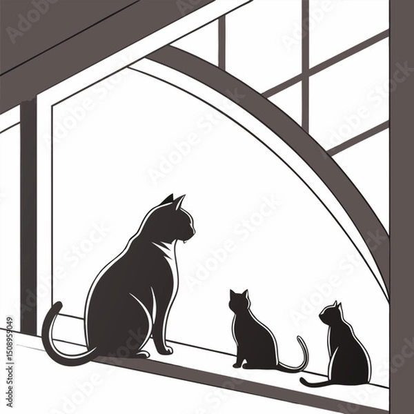 Obraz Cat family silhouettes sitting on window sill minimalist vector illustration