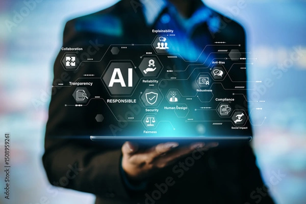 Fototapeta Responsible AI concept with ethical principles and social impact in technology