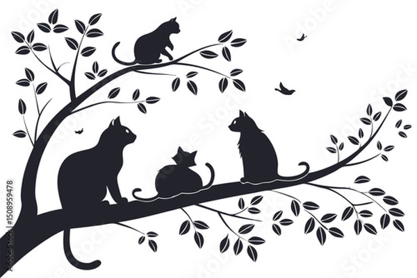 Obraz Cats silhouette sitting in a tree with birds vector illustration