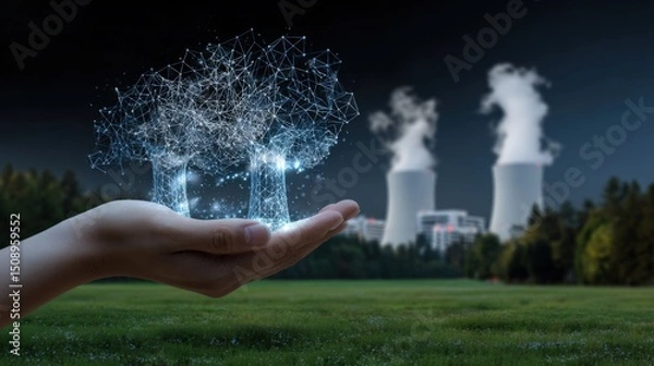 Fototapeta  A hand holding a futuristic energy plant with a glowing tree and a digital grid on a dark background. A nuclear power station in a field with smokestacks and green grass.