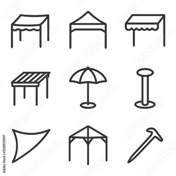 Fototapeta Shade Canopy Icons. Outline icon set of shade canopy: fabric canopy, pop-up tent, retractable awning