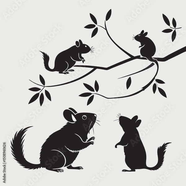 Obraz Chinchilla silhouette set on branch vector illustration for graphic design projects
