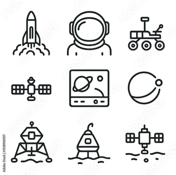 Fototapeta Space Exploration Icons. Outline icon set of space exploration and missions to other planets: rocket