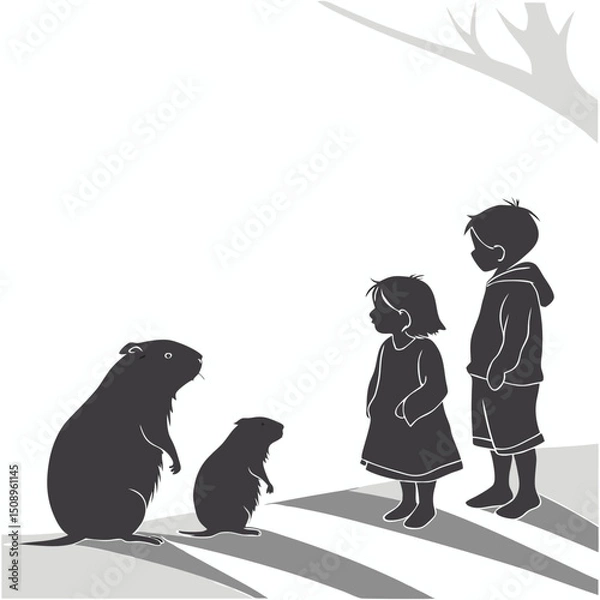 Obraz Curious children watching groundhogs illustration with silhouettes in black white and gray