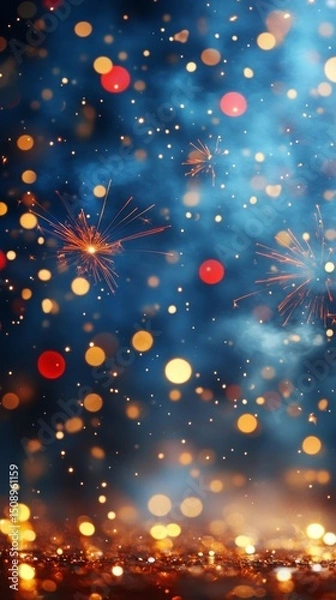 Fototapeta Festive Sparkling Lights Background Magical Bokeh Fireworks and Glimmering Dust