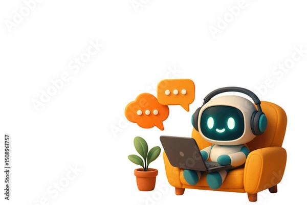 Obraz Cute Robot Wearing Headphones and Sitting on an Orange Couch While Chatting Online With a Laptop and a Plant Nearby
