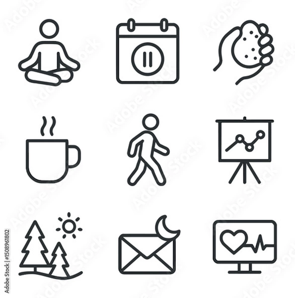 Fototapeta Stress Management Icons. Outline icon set of work-life balance in management roles: briefcase, yoga