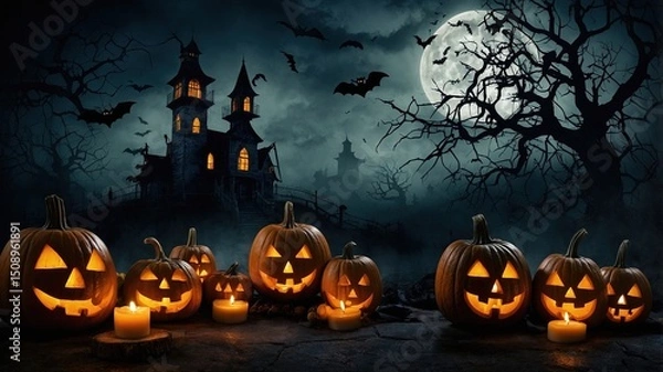 Fototapeta Fondo de Halloween: Composición Detallada con un Castillo Tétrico, Luna Llena Resplandeciente, Cálidas Velas, Niebla Intrigante y Calabazas Radiante para Proyectos de Diseño Temático