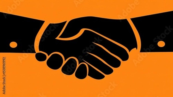 Fototapeta  Black silhouette of two hands shaking, simple vector graphic on an orange background, a business concept icon for logo design or website template. 
