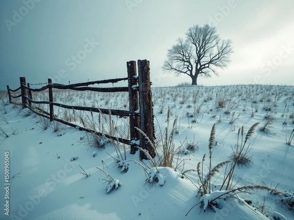 Obraz Minimalist Snowy Landscape with Curved Fence