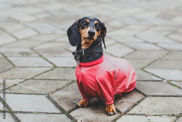 Fototapeta Small black dapple dachshund in bright red clothes sitting on stone tiles, looking alert and stylish on a chilly day, concept of pets