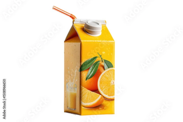 Obraz PNG Freshly squeezed orange juice carton with straw and droplets