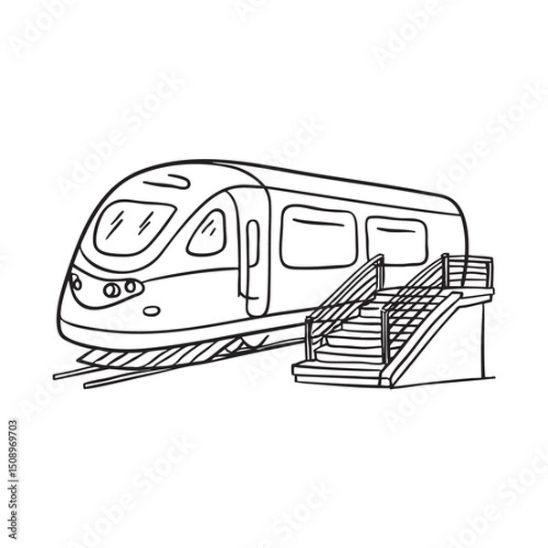 Fototapeta A train parked beside a staircase and railing