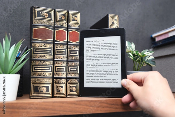 Fototapeta E-book reader device in home library